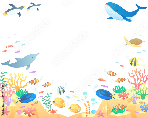 夏の海でクジラやペンギンやイルカが泳いでいるベクターイラスト背景(風景、コピースペース)