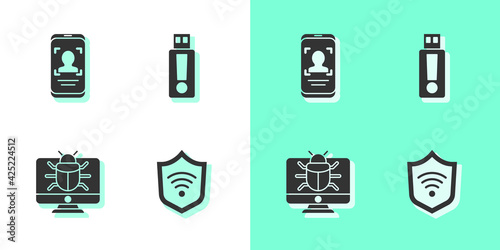 Set Shield with WiFi wireless, Mobile and face recognition, System bug monitor and USB flash drive icon. Vector