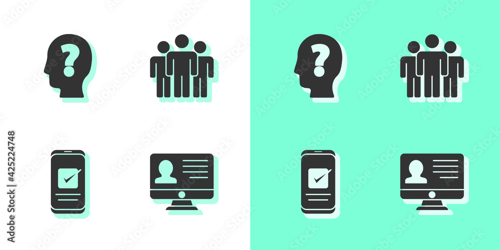 Set Monitor with resume, Head question mark, Smartphone and Users group icon. Vector Set Monitor with resume, Head question mark, Smartphone and Users group icon. Vector