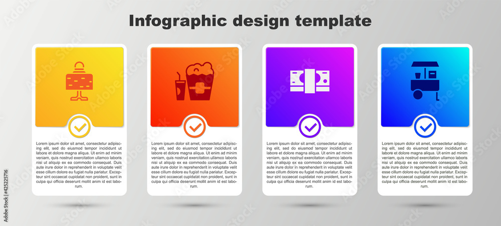 Set Magic ball on table, Popcorn in box and glass, Stacks paper money cash and Fast street food cart. Business infographic template. Vector Set Magic ball on table, Popcorn in box and glass, Stacks paper money cash and Fast street food cart. Business infographic template. Vector