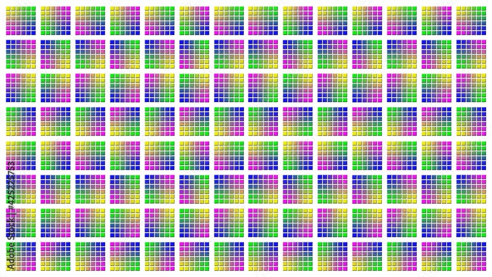 Abstract graphic background in multicolor design - square elements with random changed colors in grid pattern on white background - 3D Illustration Abstract graphic background in multicolor design - square elements with random changed colors in grid pattern on white background - 3D Illustration