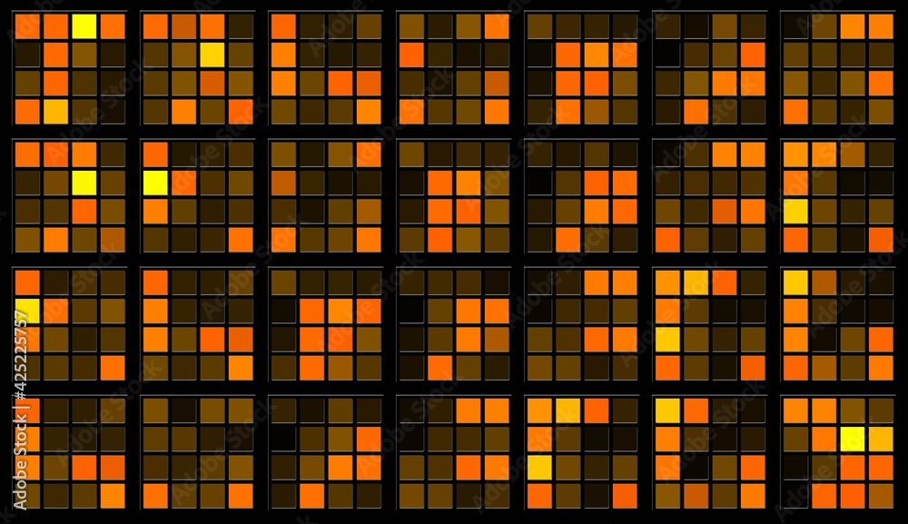 Abstract graphic background in orange design - square elements with random changed colors in grid pattern - 3D Illustration