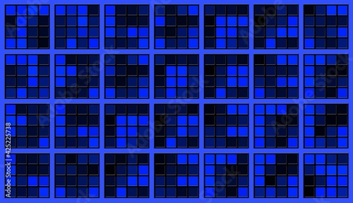 Abstract graphic background in blue design - square elements with random changed colors in grid pattern - 3D Illustration