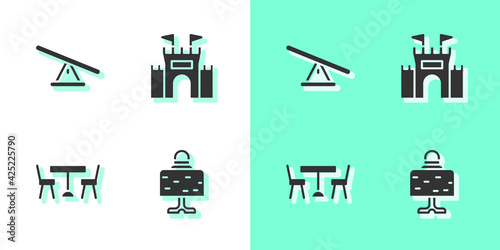 Set Magic ball on table, Seesaw, Picnic with chairs and Castle icon. Vector
