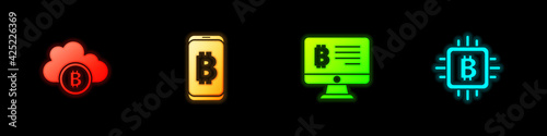 Set Cryptocurrency cloud mining, Mining bitcoin from mobile, monitor and CPU farm icon. Vector