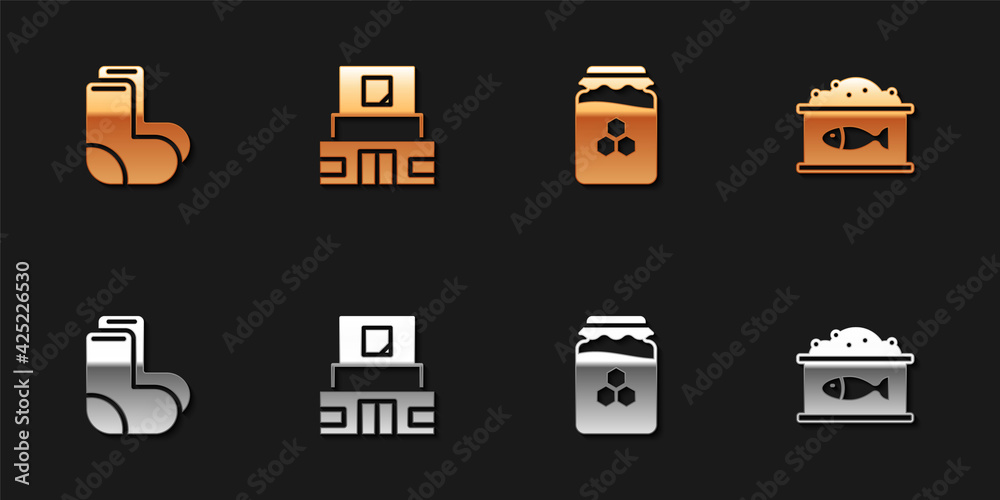 Set Valenki, Mausoleum of Lenin, Jar honey and Tin can with caviar icon. Vector Set Valenki, Mausoleum of Lenin, Jar honey and Tin can with caviar icon. Vector