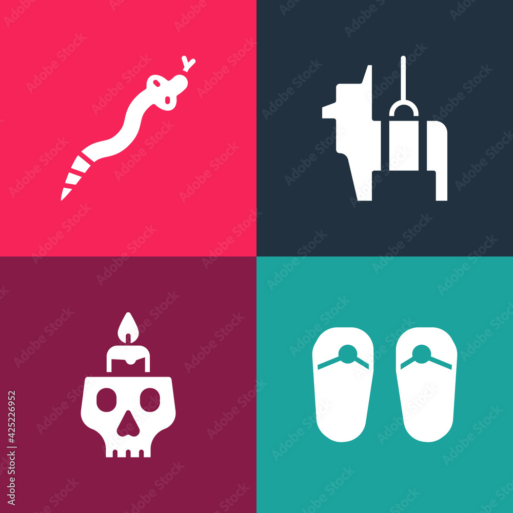 Set pop art Flip flops, Burning candle on a skull, Pinata and Snake icon. Vector
