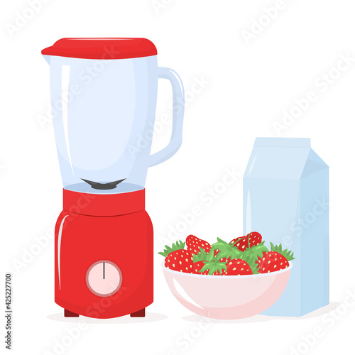 vector illustration of a red blender with a plate of strawberries and a box of milk standing next to it