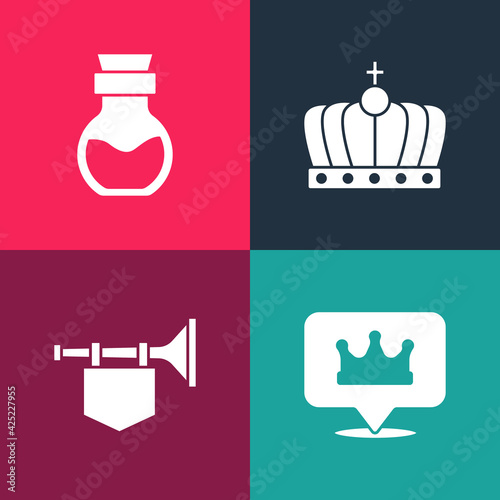 Set pop art Location king crown, Trumpet with flag, King and Poison bottle icon. Vector