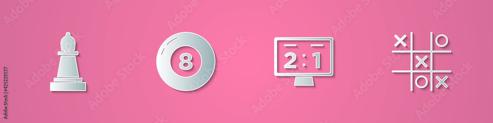 Set paper cut Chess, Billiard pool snooker ball, Sport mechanical scoreboard and Tic tac toe game icon. Paper art style. Vector Set paper cut Chess, Billiard pool snooker ball, Sport mechanical scoreboard and Tic tac toe game icon. Paper art style. Vector
