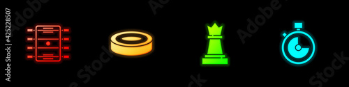 Set Hockey table, Checker game chips, Chess and Stopwatch icon. Vector