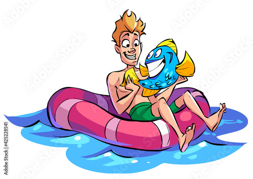 Cartoon funny man and fish in a rubber boat