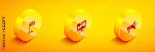 Set Isometric Location marker, Social media marketing and Megaphone icon. Vector