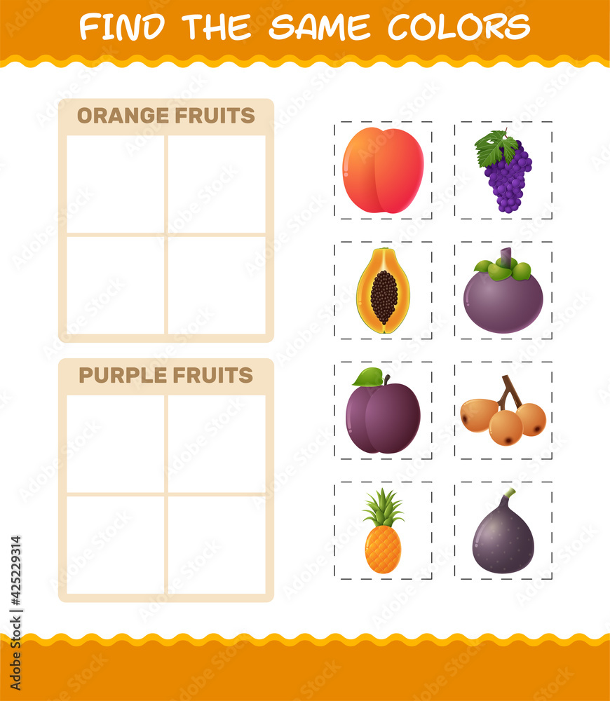 Find the same colors of fruits. Searching and Matching game. Educational game for pre shool years kids and toddlers