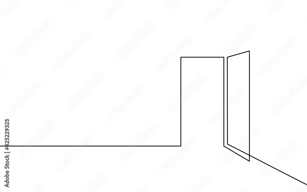 Single continuous line art opened door. New opportunity problem solution concept. Creative teamwork banner design. One sketch outline drawing vector illustration Single continuous line art opened door. New opportunity problem solution concept. Creative teamwork banner design. One sketch outline drawing vector illustration
