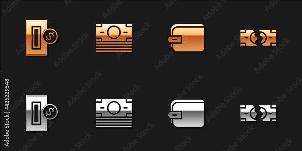 Set Inserting coin, Stacks paper money cash, Wallet and Tearing banknote icon. Vector Set Inserting coin, Stacks paper money cash, Wallet and Tearing banknote icon. Vector
