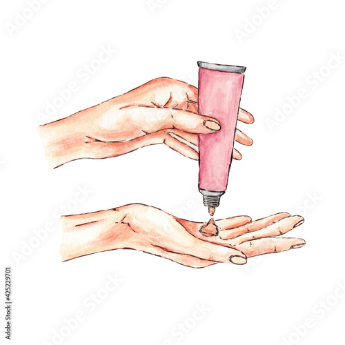 Cosmetics bottle or tube with cream in female hand painted in watercolor on a white background. Hand painted design isolated on white background.