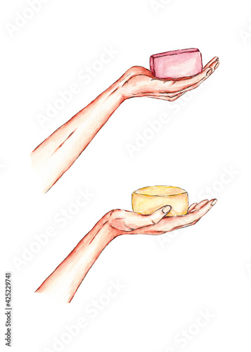 Cosmetic soap in female hand painted in watercolor on a white background. Hand painted design isolated on white background.