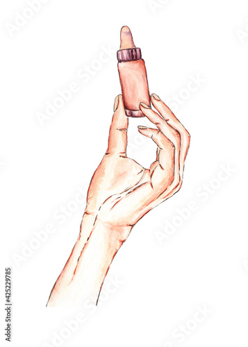 Cosmetics bottle with serum lotion or essential oil in female hand painted in watercolor on a white background. Hand painted design isolated on white background.