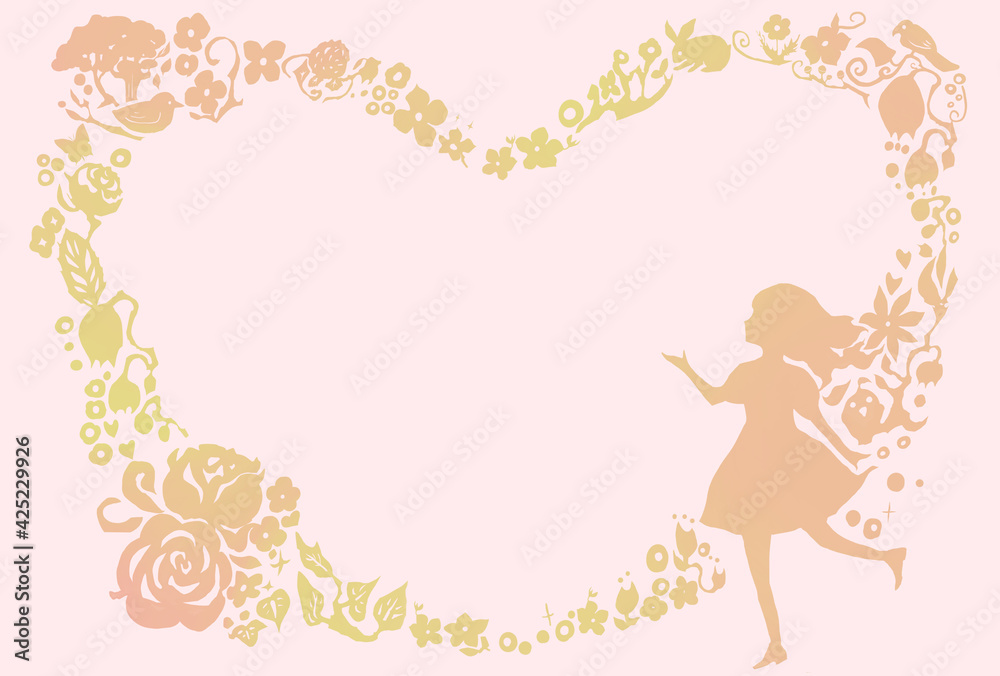 ピンク色のシルエットの花と少女の横向きのフレームイラスト