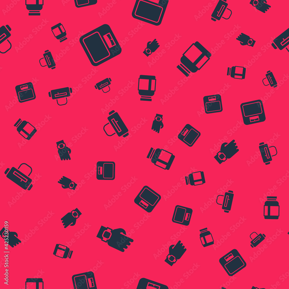 Set Smart watch on hand, Bathroom scales, Sport bag and Sports nutrition on seamless pattern. Vector Set Smart watch on hand, Bathroom scales, Sport bag and Sports nutrition on seamless pattern. Vector