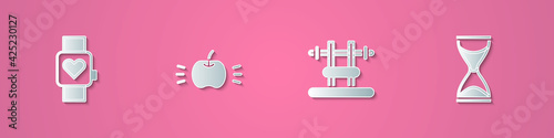 Set paper cut Smart watch, Apple, Bench with barbel and Old hourglass icon. Paper art style. Vector
