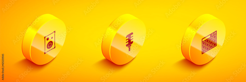 Set Isometric Stereo speaker, Microphone and Drum machine icon. Vector