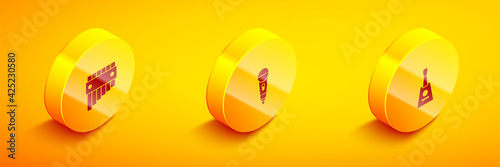Set Isometric Pan flute, Microphone and Balalaika icon. Vector