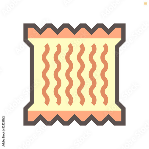 Instant noodles or ramen inside plastic bag package vector icon. Uncooked traditional asian food in chinese, japanese for eat with soup, chicken and pork. Quick cook, cheap and convenience. 48x48 px.