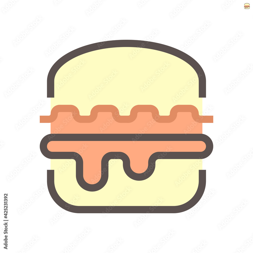 Hamburger or burger vector icon. That fast food, snack or sandwich consist of sliced bread bun, meat, beef and vegetable. Topped with lettuce and sesame. For eat at restaurant and delivery. 48x48 px. Hamburger or burger vector icon. That fast food, snack or sandwich consist of sliced bread bun, meat, beef and vegetable. Topped with lettuce and sesame. For eat at restaurant and delivery. 48x48 px.
