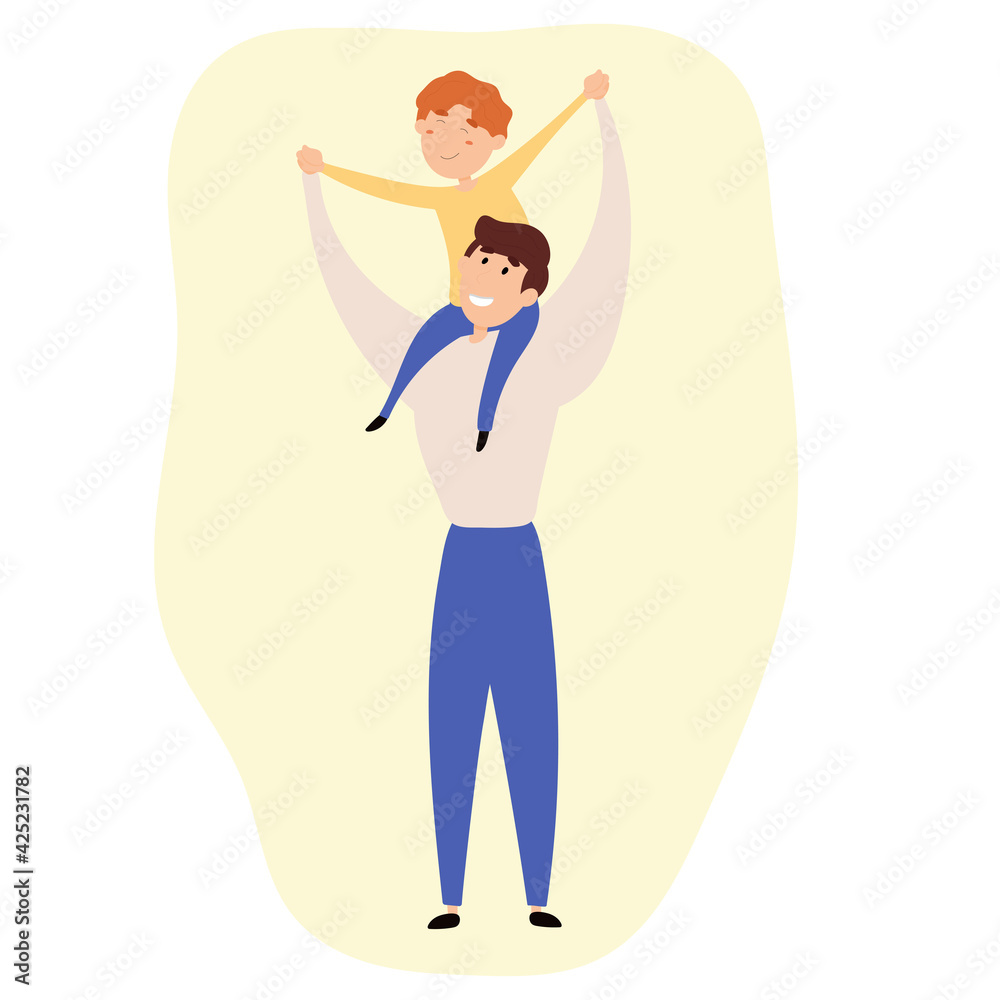Father's day. The son sits on the shoulders of the father. Happy father and son. Father's day. The son sits on the shoulders of the father. Happy father and son.