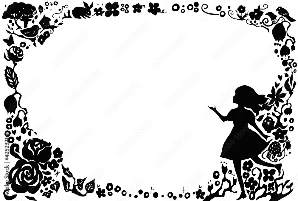 黒いシルエットの花と少女のフレームイラスト Stock Illustration Adobe Stock