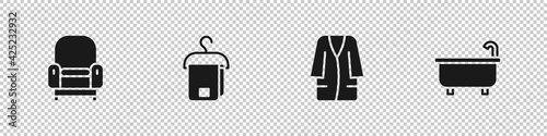 Set Armchair, Towel on hanger, Bathrobe and Bathtub icon. Vector
