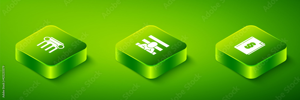 Set Isometric Prisoner, Law book and pillar icon. Vector Set Isometric Prisoner, Law book and pillar icon. Vector