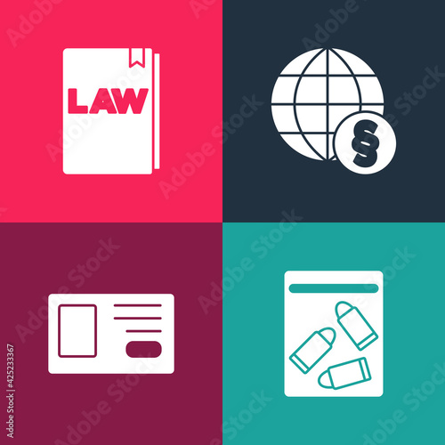 Set pop art Evidence bag and bullet, Identification badge, International law and Law book icon. Vector