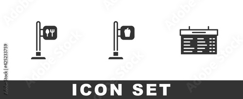 Set Cafe and restaurant location, and Train station board icon. Vector