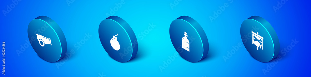 Set Isometric Cannon, Alcohol drink Rum, Pirate flag and Bomb ready to explode icon. Vector Set Isometric Cannon, Alcohol drink Rum, Pirate flag and Bomb ready to explode icon. Vector