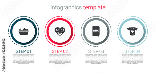 Set Baby bathtub, dummy pacifier, ABC book and clothes. Business infographic template. Vector