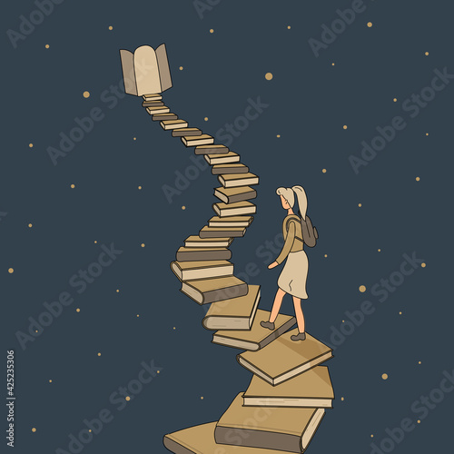 Concept: book or reading is source of knowledge.Tiny girl climb up stack of books in form of ladder leading up to open door with light coming from it.On background of a starry sky.Hand drawn raster