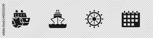 Set Cruise ship, , Ship steering wheel and Calendar icon. Vector