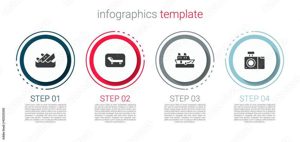 Set Sinking cruise ship, Sunbed and umbrella, Cruise and Photo camera. Business infographic template. Vector Set Sinking cruise ship, Sunbed and umbrella, Cruise and Photo camera. Business infographic template. Vector