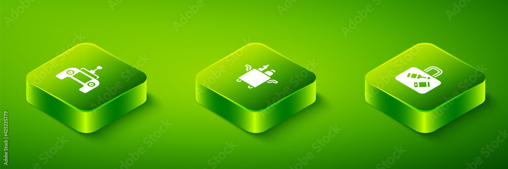 Set Isometric Trolley for food, Suitcase and Drone remote control icon. Vector