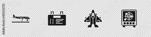Set Plane, Airport board, Jet fighter and Radar with targets on monitor icon. Vector