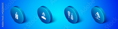 Set Isometric Identification badge, Snowshoes, Road sign avalanches and Winter athlete icon. Vector