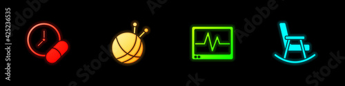 Set Medicine pill or tablet, Yarn ball with knitting needles, Monitor cardiogram and Rocking chair icon. Vector
