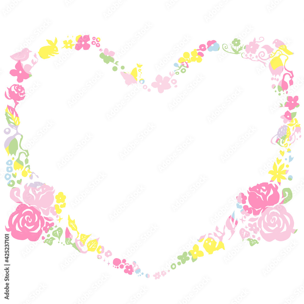 ピンク色の花のハート形のフレームイラスト