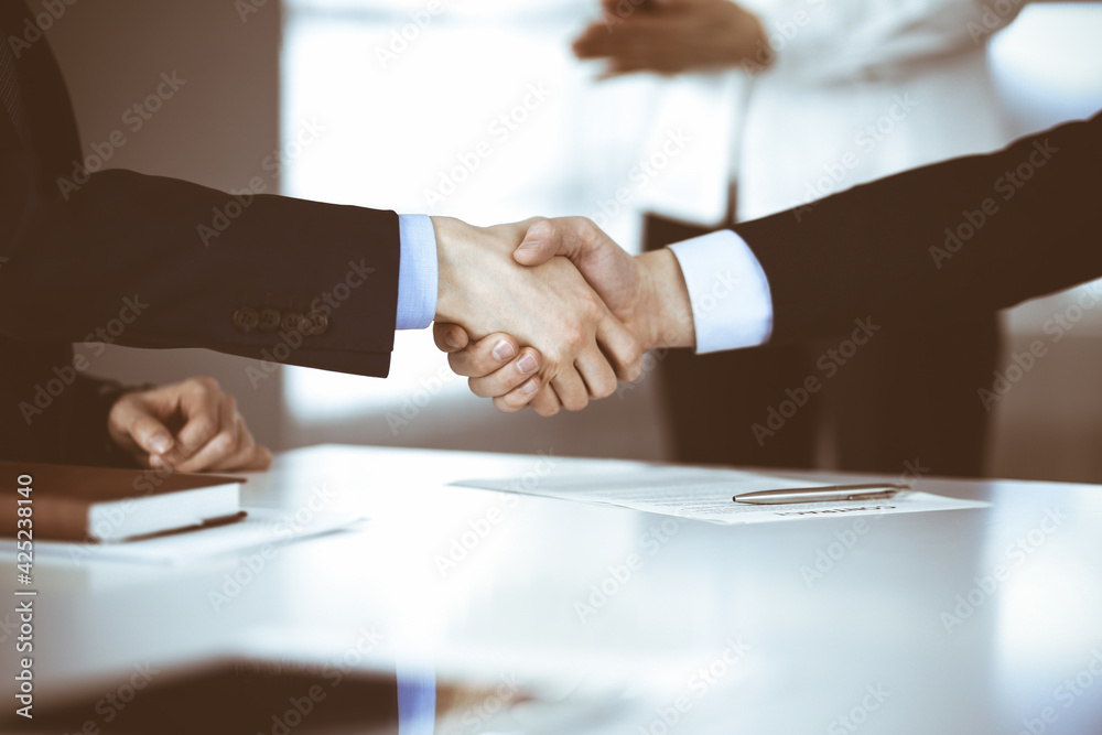 Business people shaking hands at meeting or negotiation, close-up. Group of unknown businessmen, and a woman on the background in a modern office. Teamwork, partnership and handshake concept Business people shaking hands at meeting or negotiation, close-up. Group of unknown businessmen, and a woman on the background in a modern office. Teamwork, partnership and handshake concept