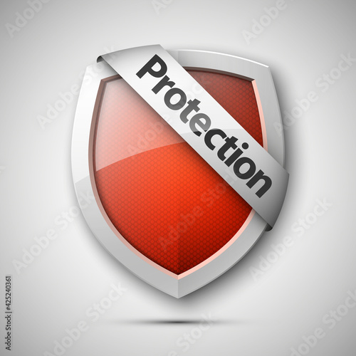 Protection ribbon shield concept with banner. Safety badge icon. Privacy banner tape. Security band protected label. Defense tag. Presentation sticker shape. Defense sign illustration