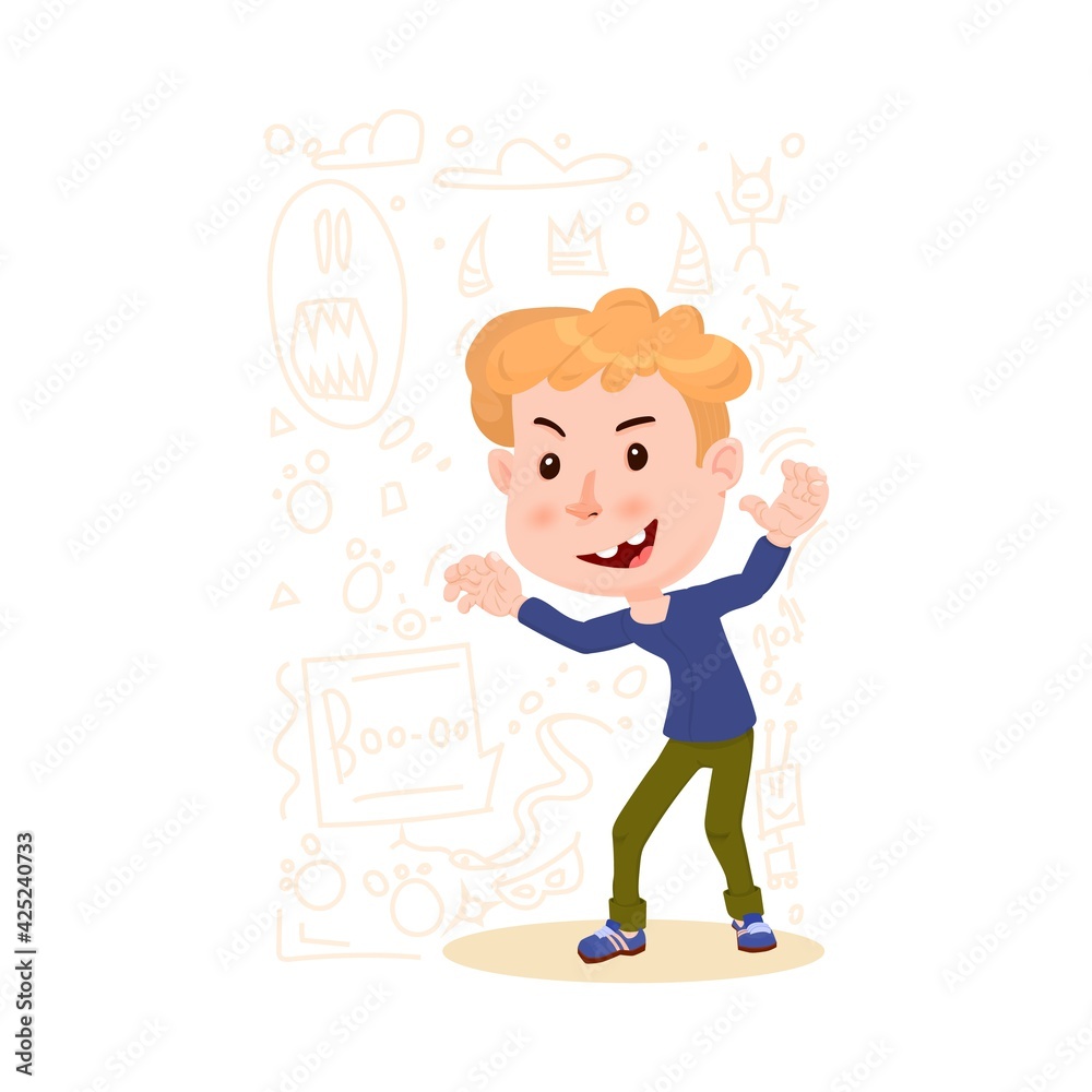 Boy formidable stands in a pose, flat style cartoon character.