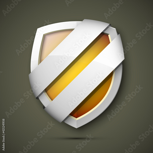 Reliable protection guard shield two strips. Safety badge, protection icon. Privacy colorful banner shield. Security label. Defense tag. Presentation sticker shield. Defense safeguard two strips sign